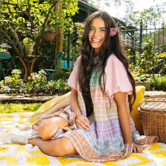 Queen of Sparkles Plaid Poof Sleeve Sequin Tier Dress NWOT - Picture 3 of 4